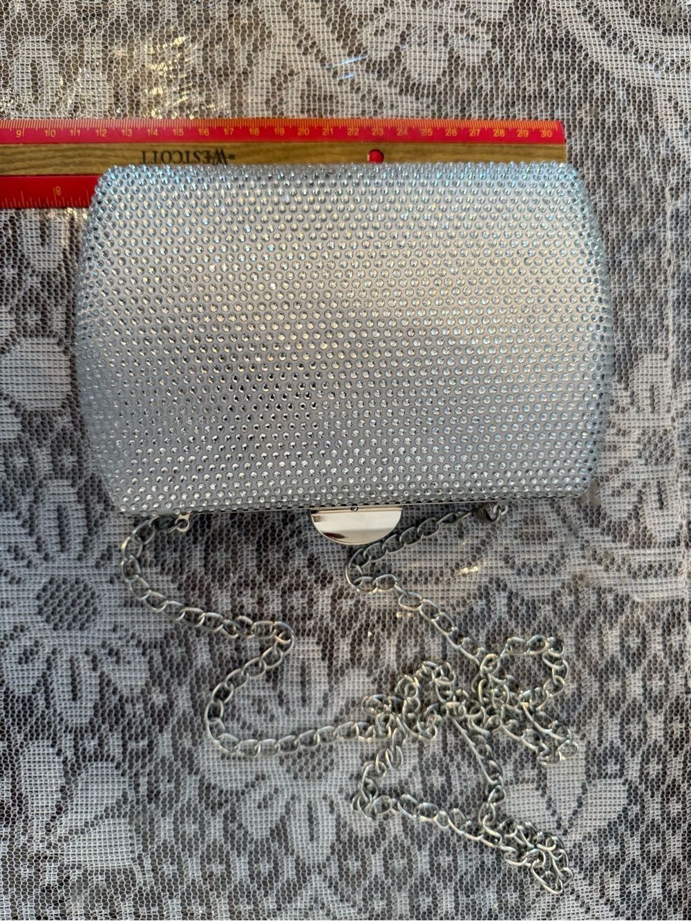 Source Unknown Silver Crystal Embellished Evening Clutch with Chain Strap